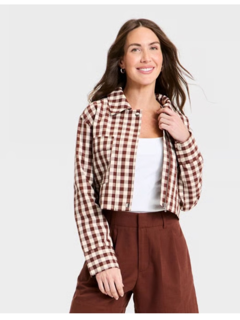 A New Day Women's Transitional Cropped Jacket Cotton-Lyocell Brown Gingham XS